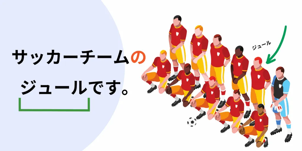 Marquer une appartenance à un groupe avec の. Phrase d'exemple : サッカーチームの ジュールです。